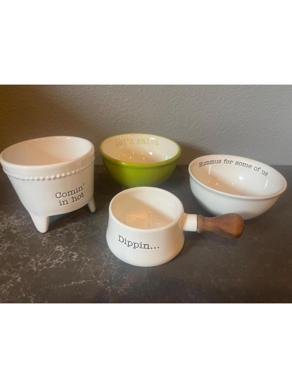 4 bowls-Mud Pie Crab  “Dippin…” pot, “comin’ in hot”, “let’s salsa”, “hummus for